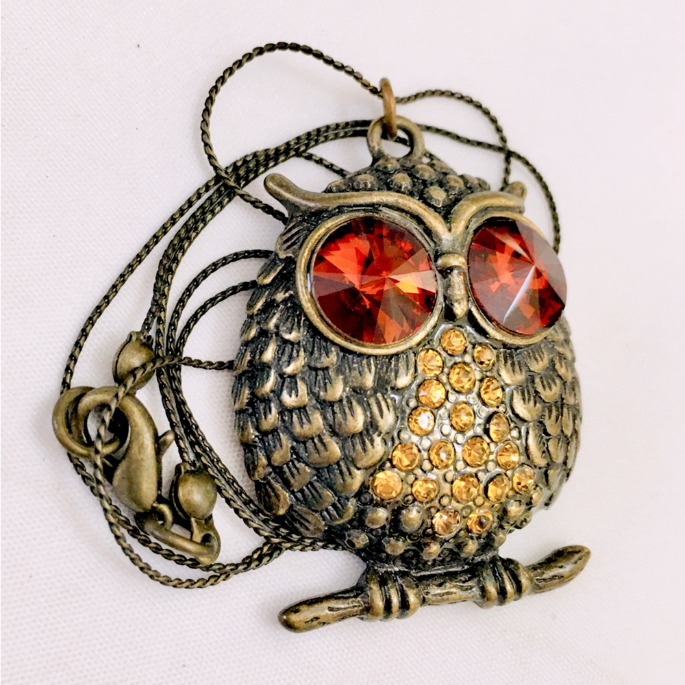 Antiqued Rhinestone Owl Necklace Orange Yellow
